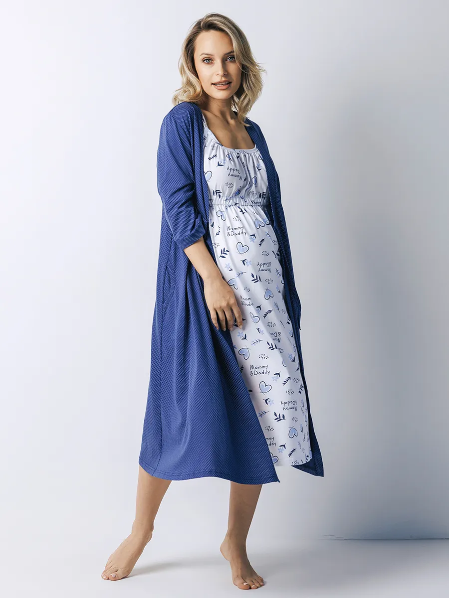 Халат и сорочка для беременных и кормящих в роддом костюм темно-синий/голубой