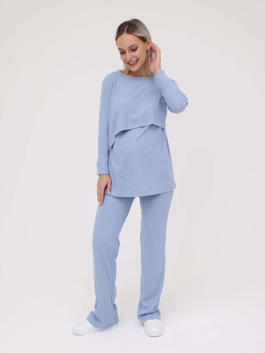 Костюм для беременных и кормящих с брюками в рубчик голубой