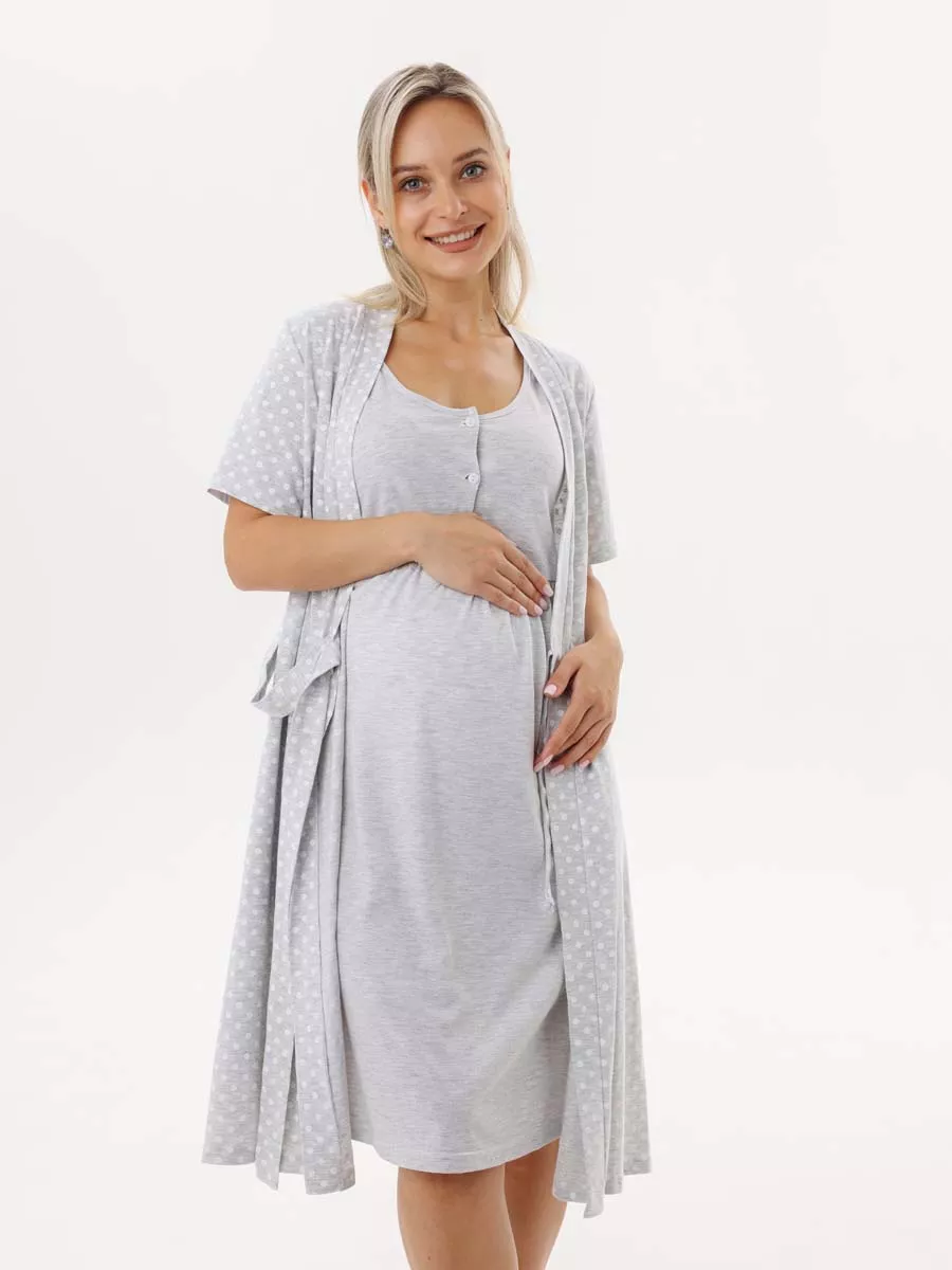 Халат с сорочкой для беременных и кормящих в роддом 55220 серый меланж/белый