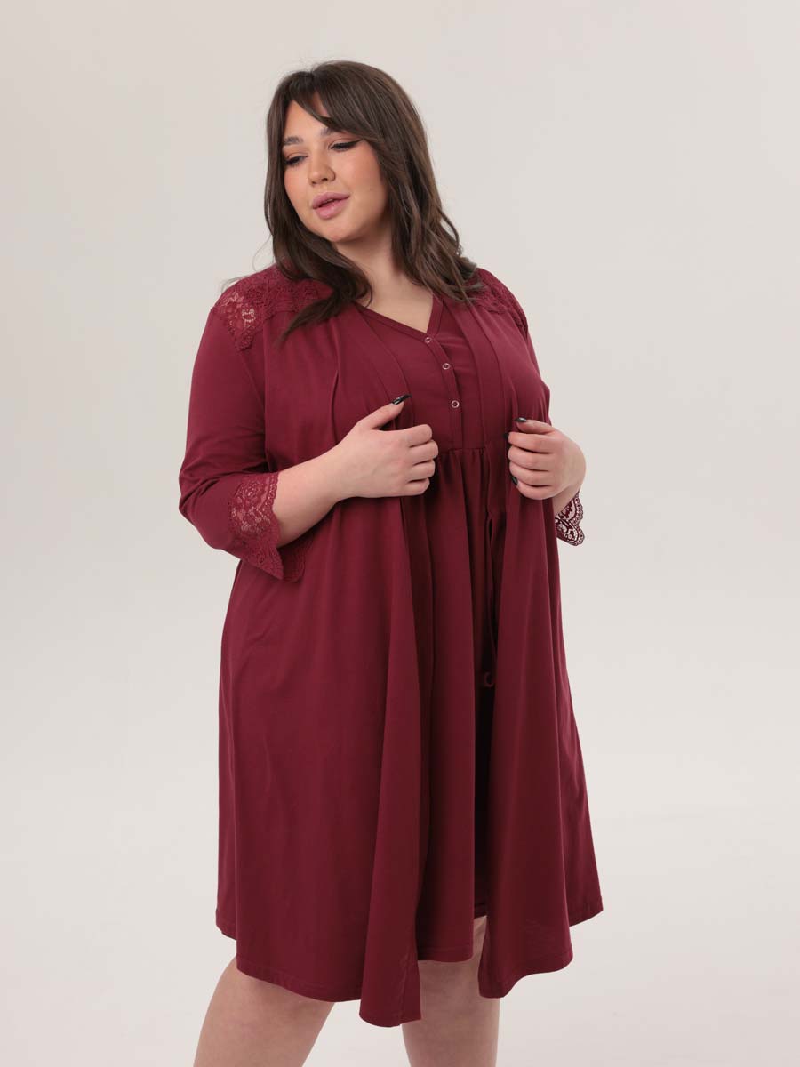 Комплект халат с сорочкой большие размеры костюм в роддом бордовый