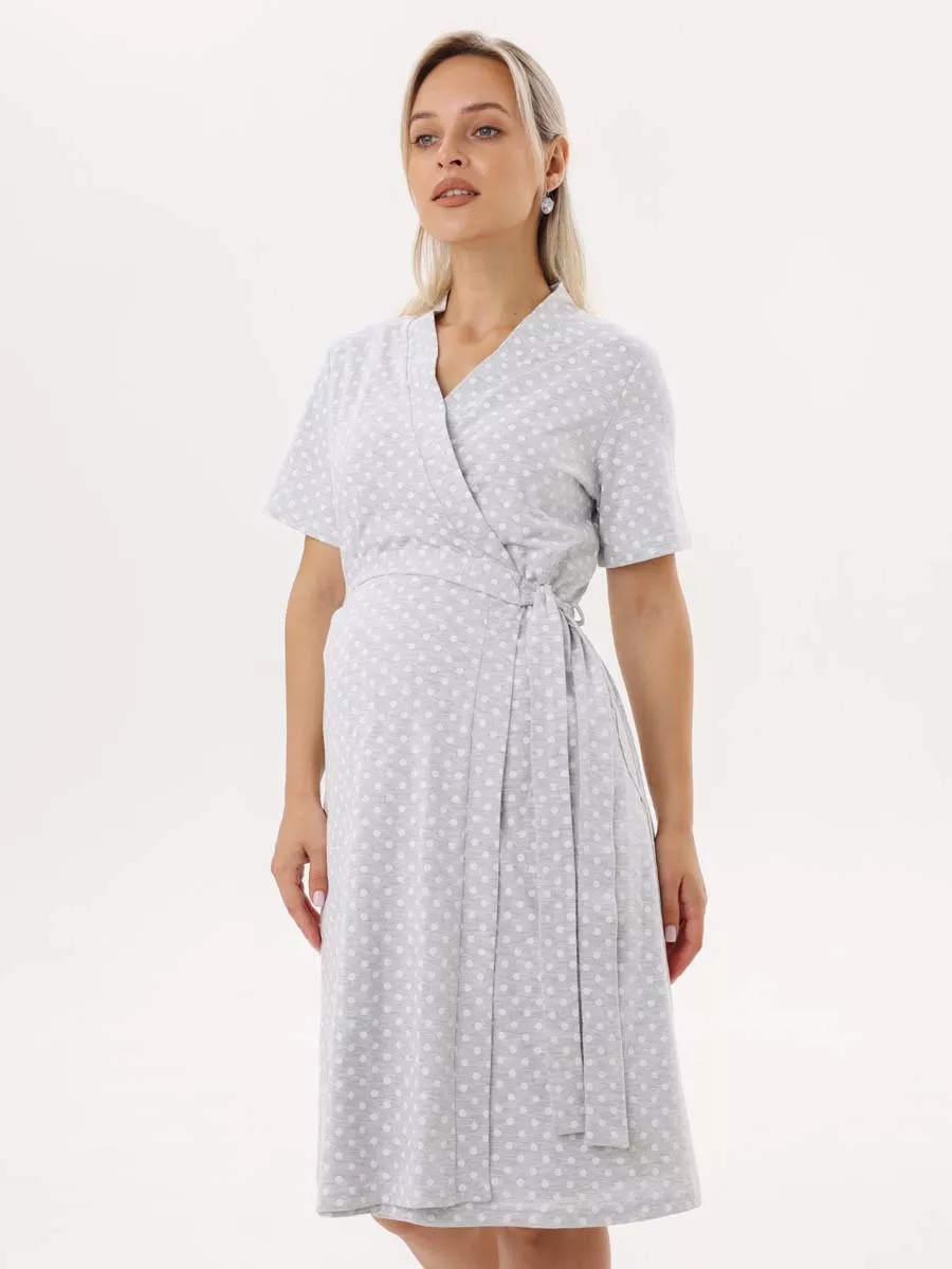 Халат с сорочкой для беременных и кормящих в роддом 55220 серый меланж/белый