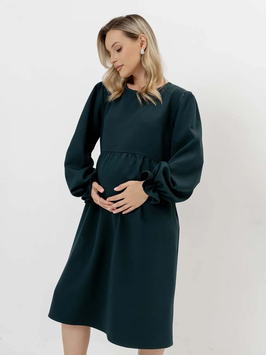 Платье для беременных с длинным рукавом в офис изумрудный