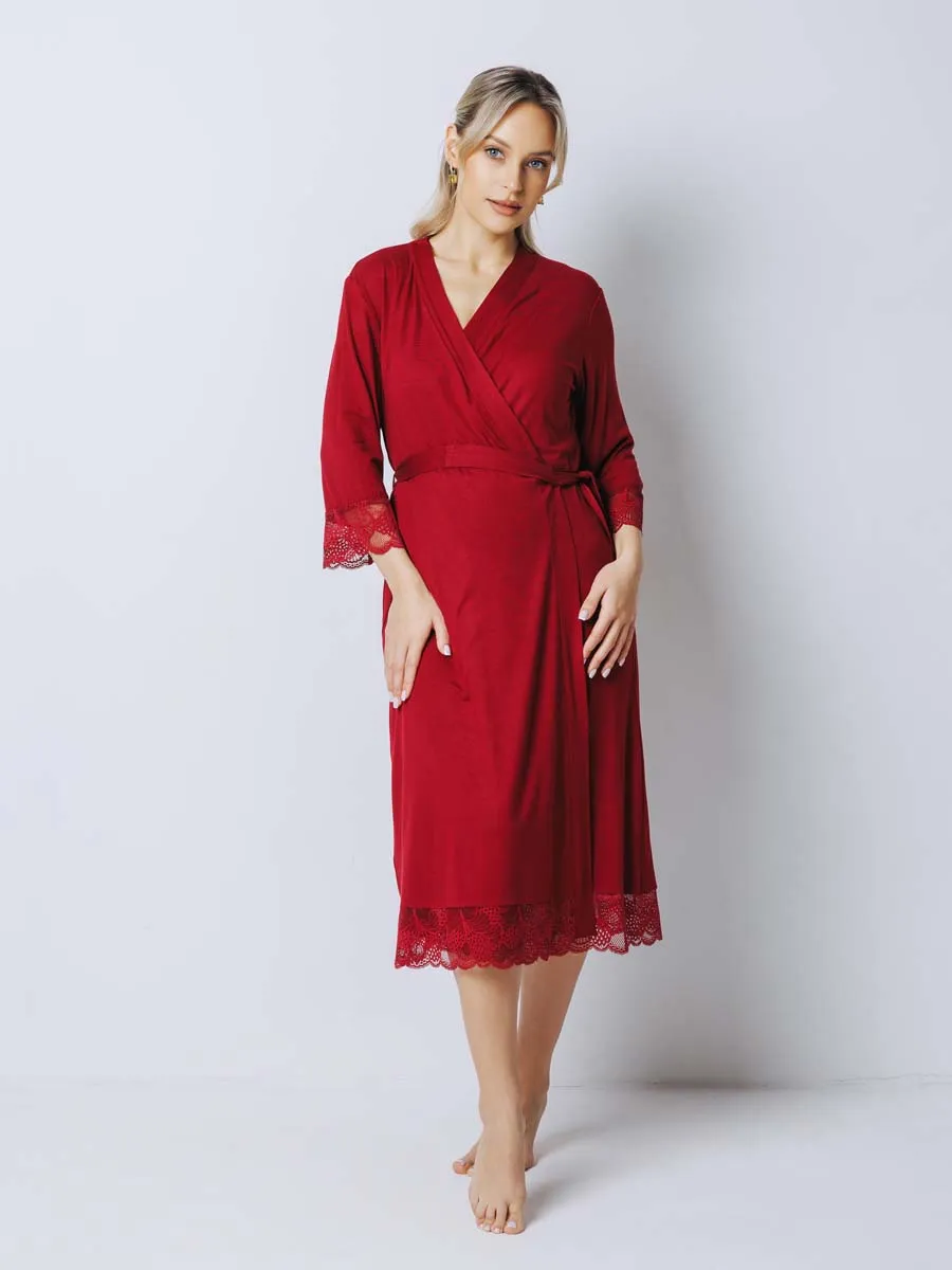 Костюм кружевной халат с сорочкой для беременных 27532 бордовый