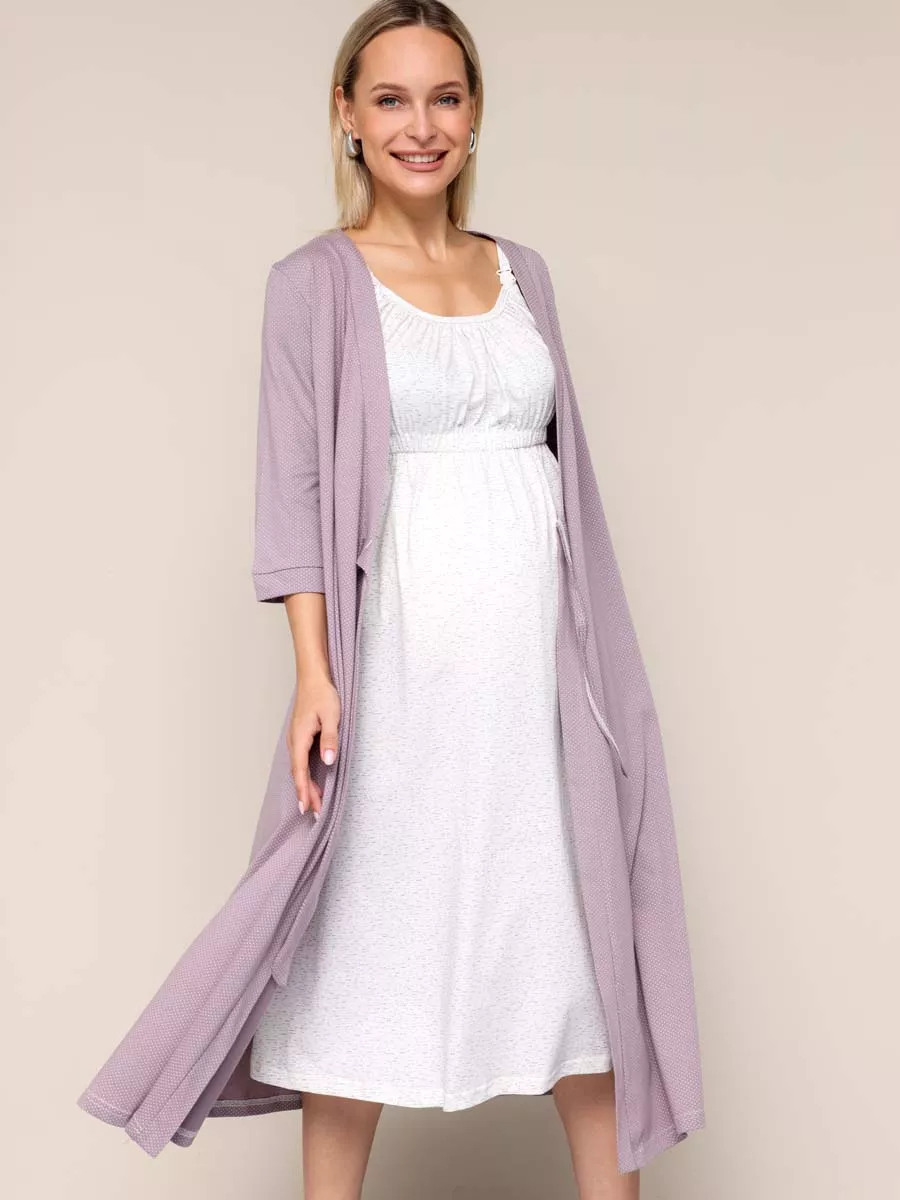 Халат и сорочка для беременных и кормящих в роддом костюм бежевый/молочный