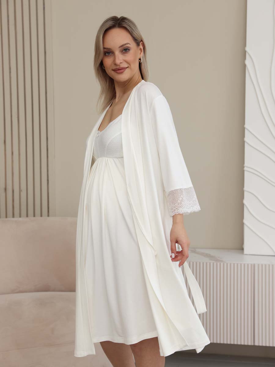 Кружевной пеньюар - халат с сорочкой для беременных 15732 молочный
