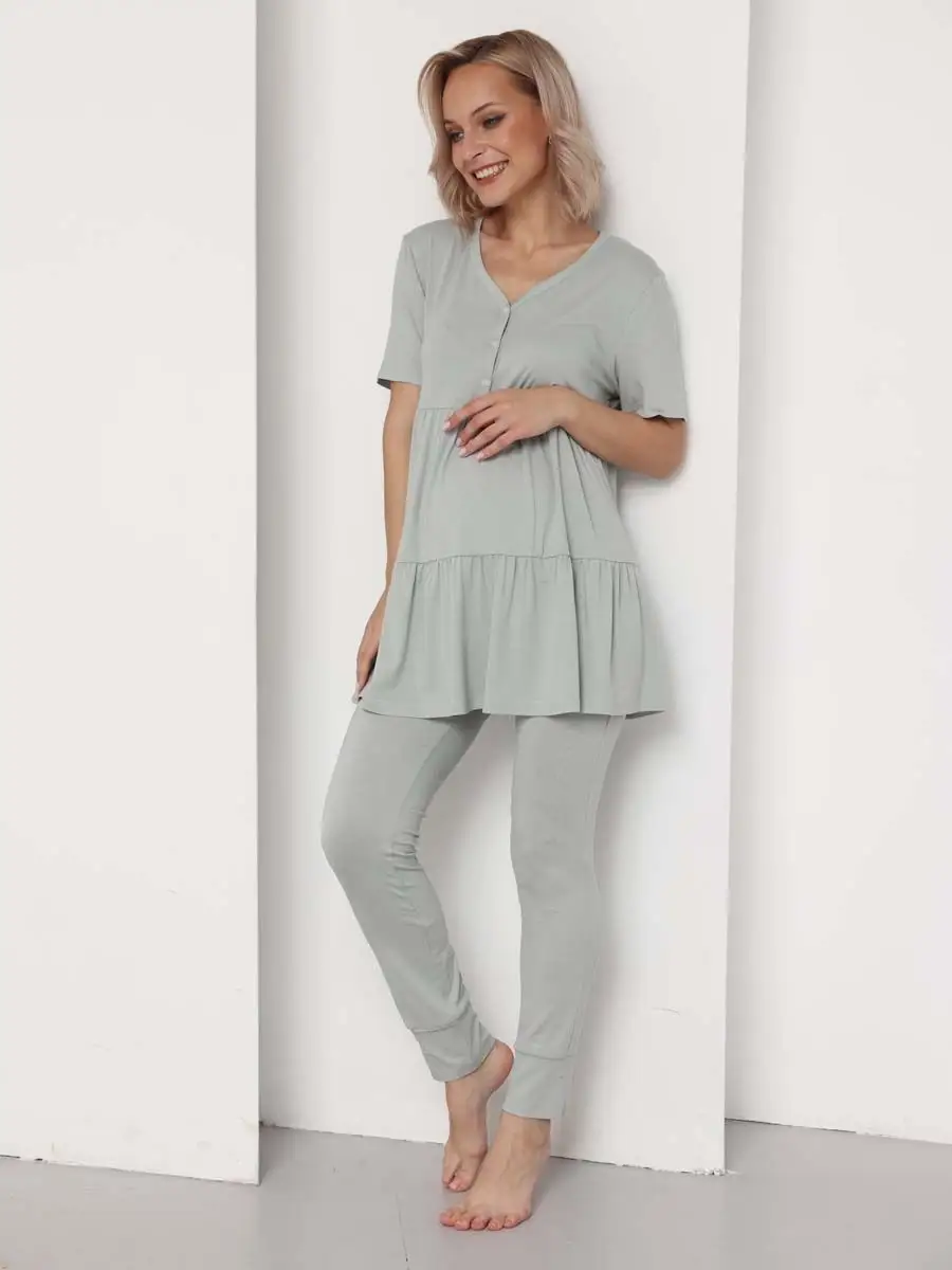 Пижама для беременных и кормящих 50132 туника штаны шалфей