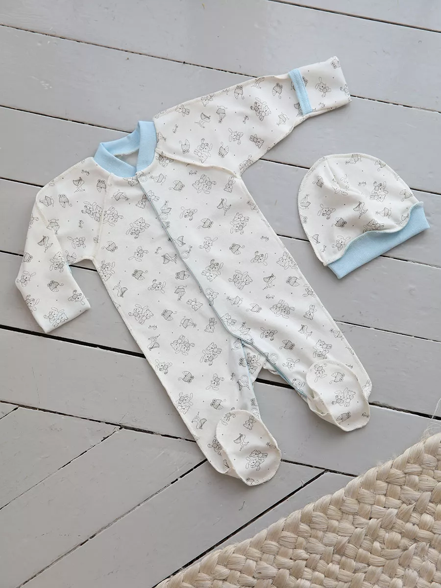 Комплект белья для новорожденного комбинезон - слип шапочка молочный/голубой