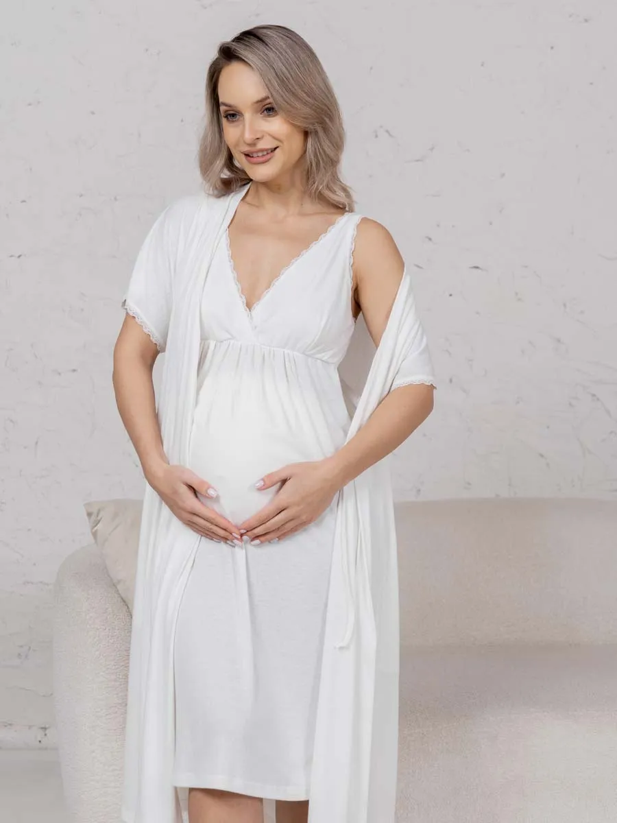 Халат с сорочкой для беременных и кормящих молочный