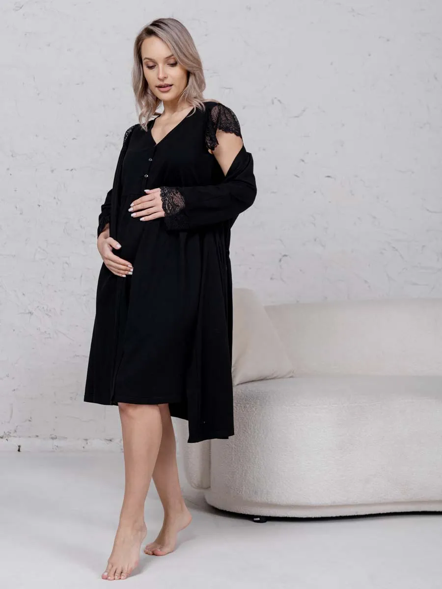 Халат с сорочкой для беременных и кормящих в роддом 21120 черный