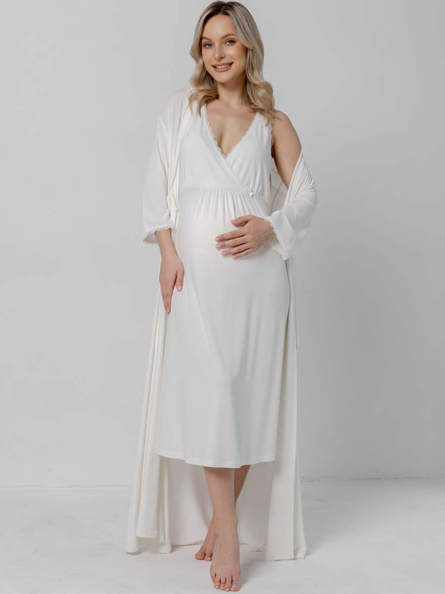 Костюм для беременных халат и сорочка в роддом для кормящих молочный