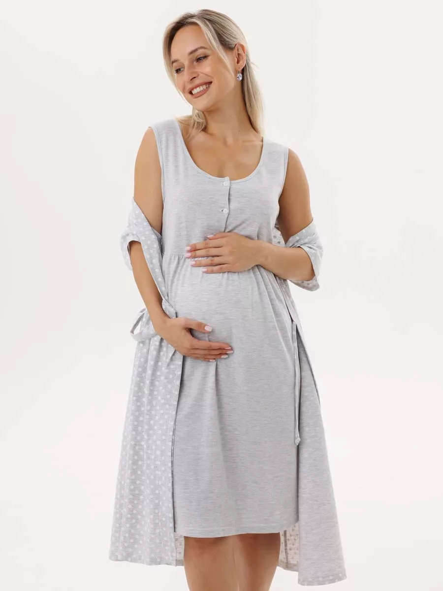 Халат с сорочкой для беременных и кормящих в роддом 55220 серый меланж/белый