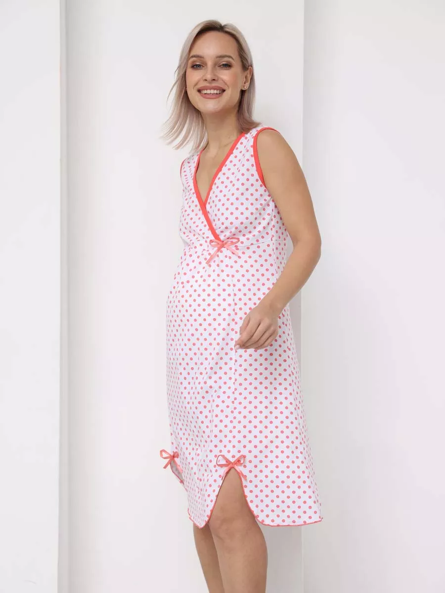 Ночная сорочка для беременных и кормящих в роддом 23601 белый/коралловый