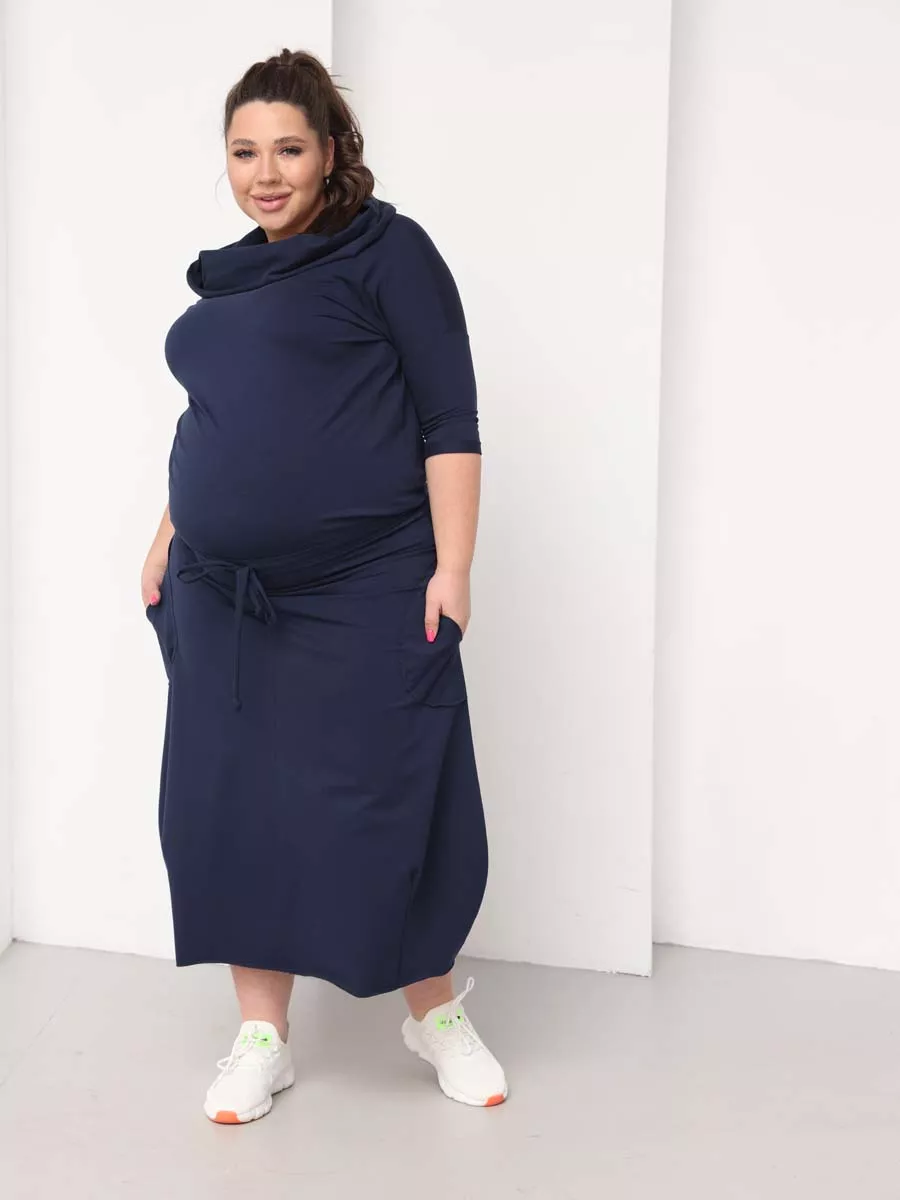 Платье для беременных длинное повседневное в офис plus size синий