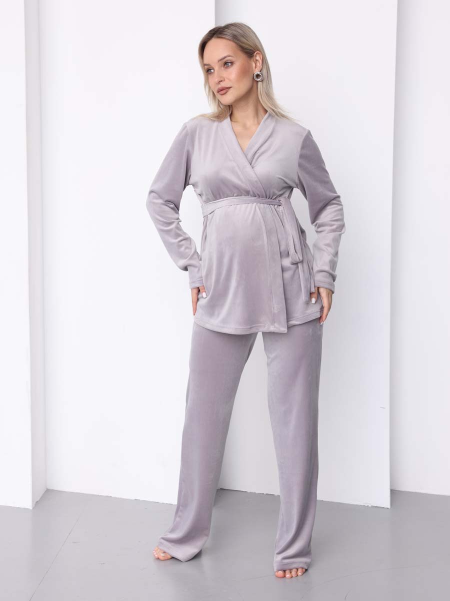 Домашний велюровый костюм с брюками осень зима светло-серый