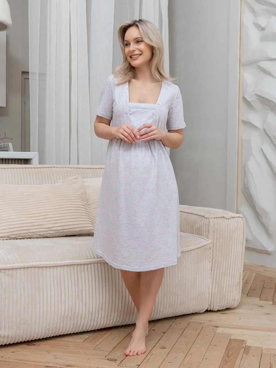 Ночная сорочка для беременных и кормящих в роддом 55701 серый меланж/розовый