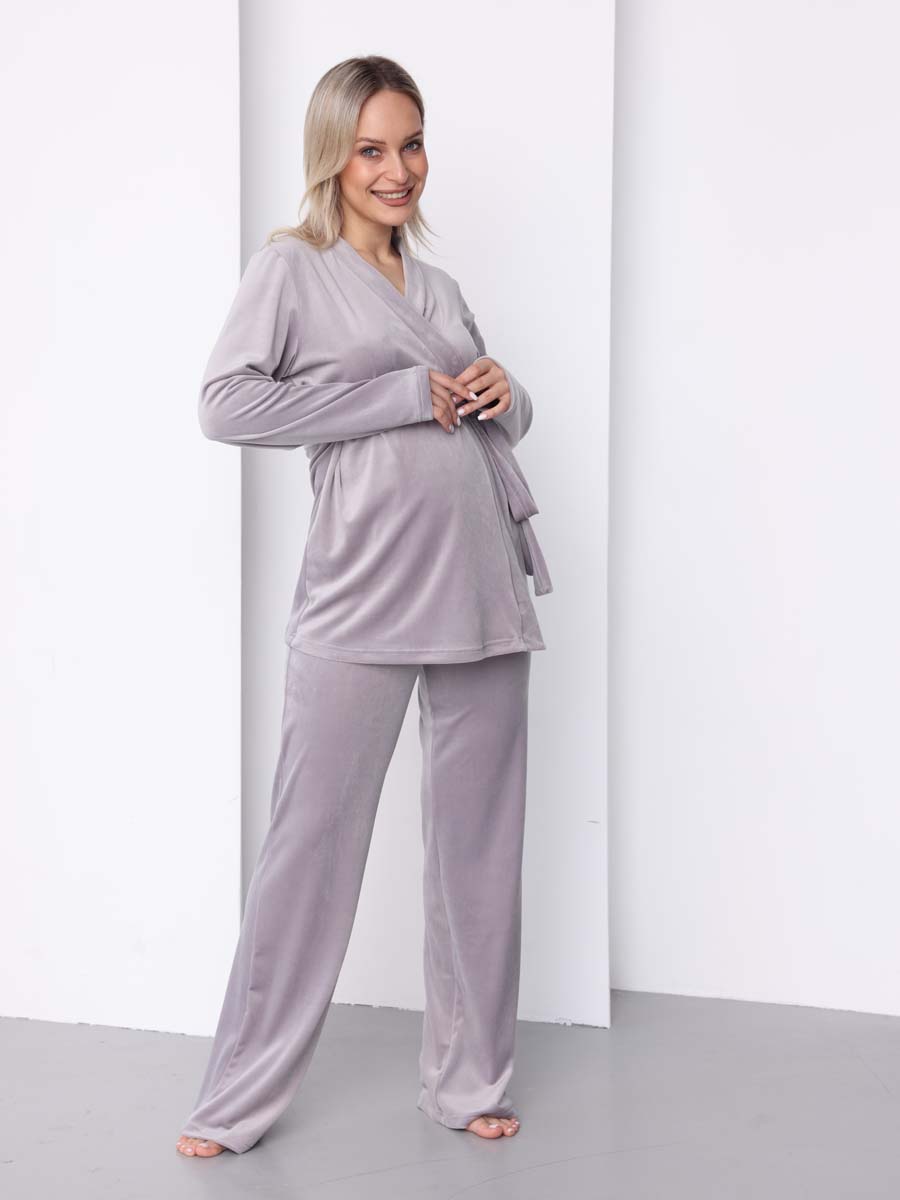 Домашний велюровый костюм с брюками осень зима светло-серый