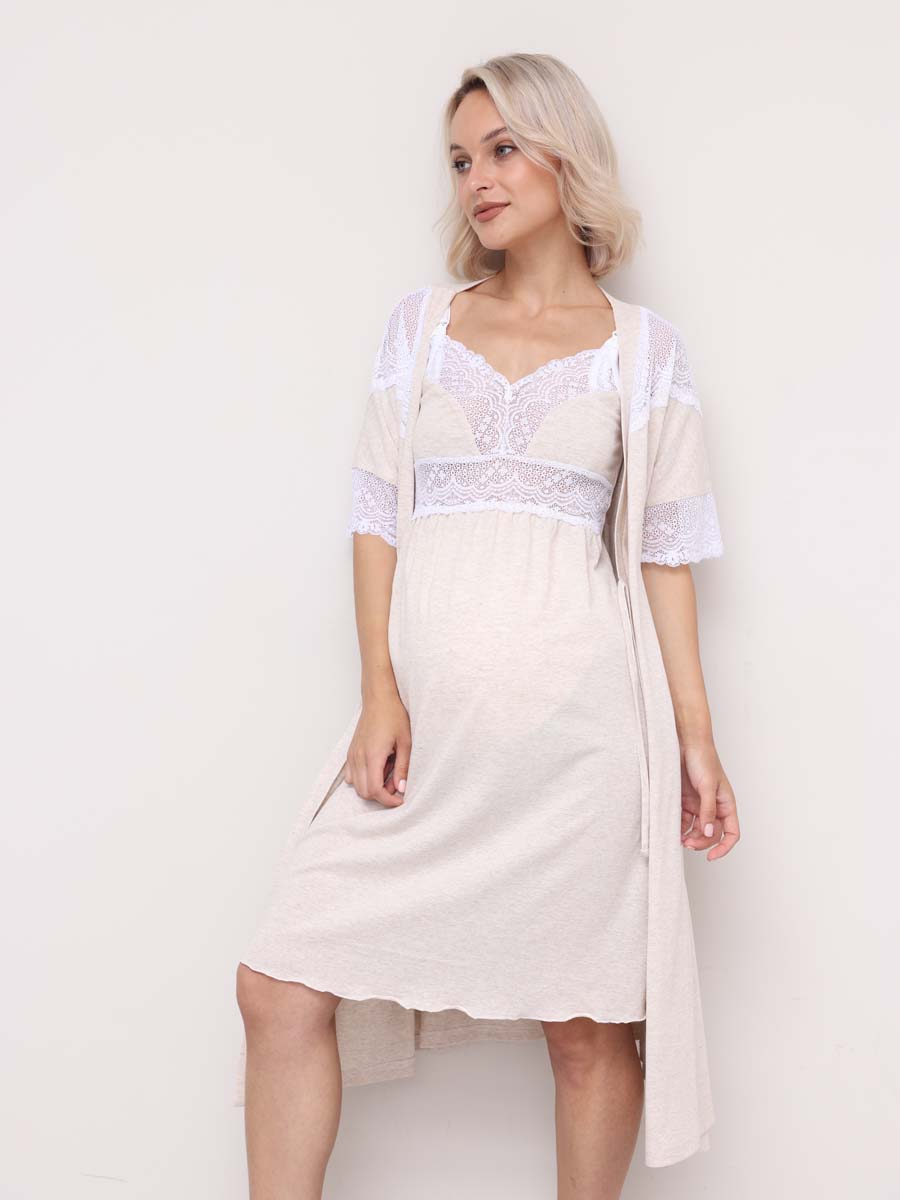 Комплект 16820 для беременных и кормящих халат с сорочкой бежевый_меланж/белый