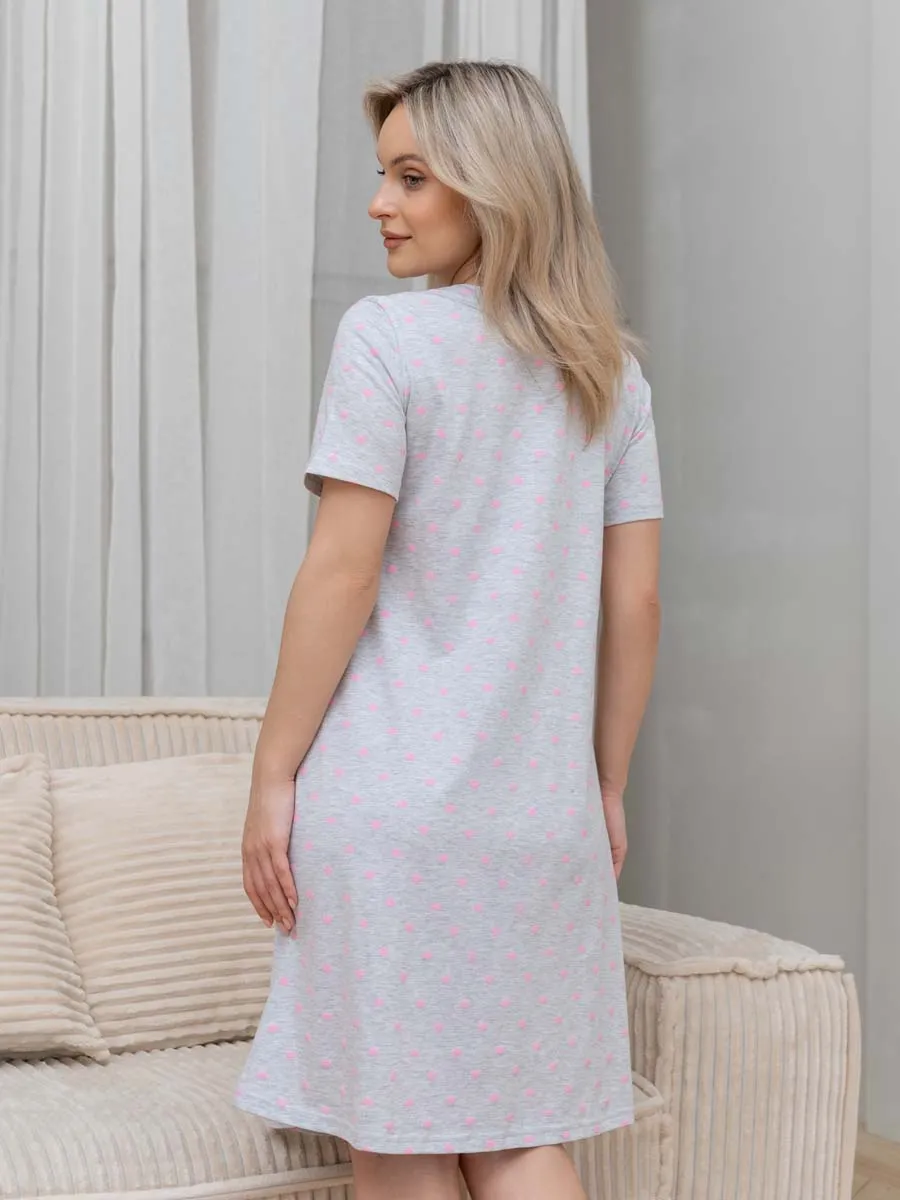 Ночная сорочка для беременных и кормящих в роддом 55701 серый меланж/розовый