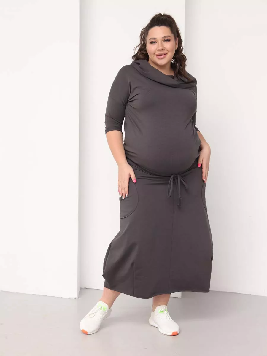 Платье для беременных длинное повседневное в офис plus size антрацитовый