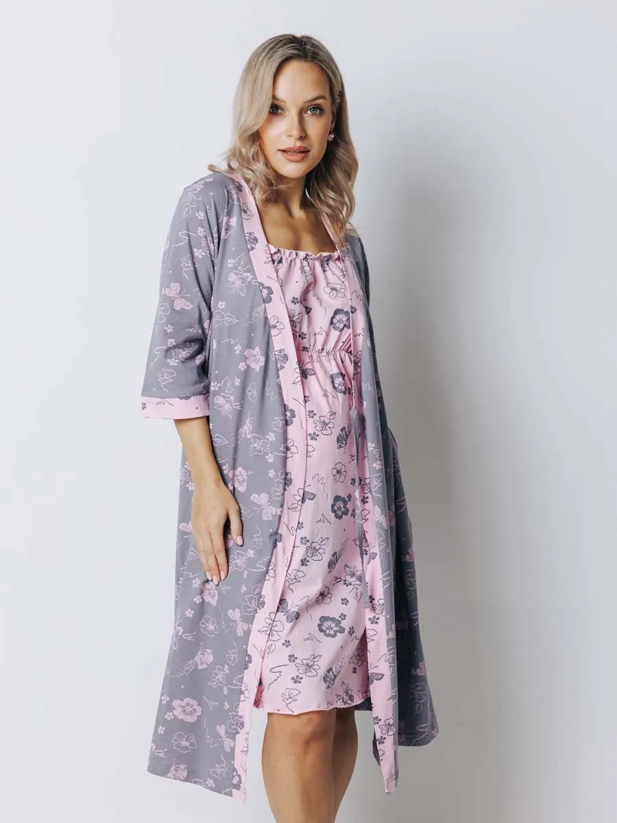 Халат с сорочкой для беременных и кормящих в роддом темно-серый/розовый