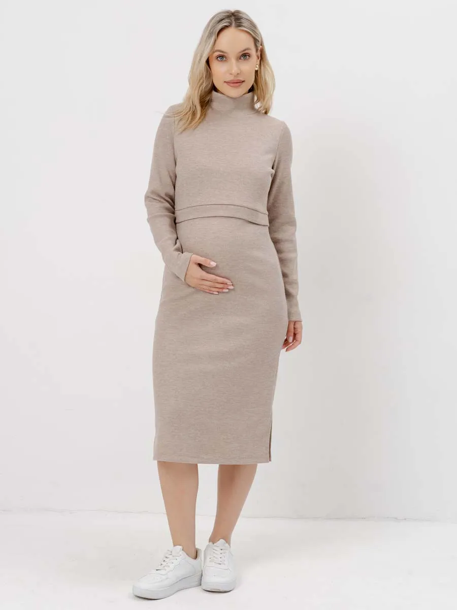 Платье вязаное для беременных и кормящих в офис 54504 бежевый