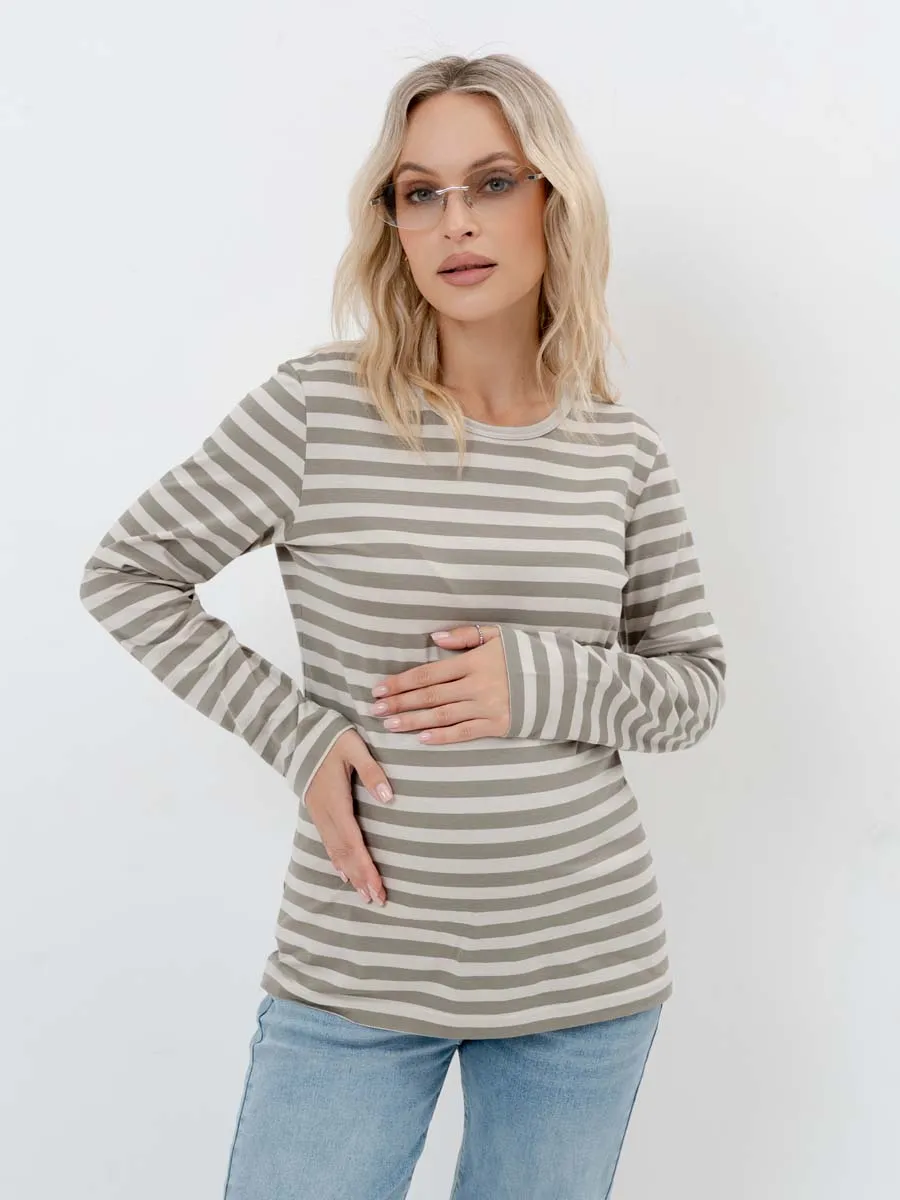 Лонгслив тельняшка с длинным рукавом для беременных хлопок хаки/серый
