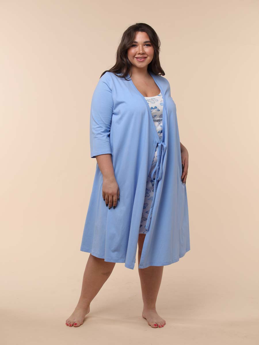 Пеньюар халат с сорочкой в роддом большие размеры 01220 голубой/синий/белый