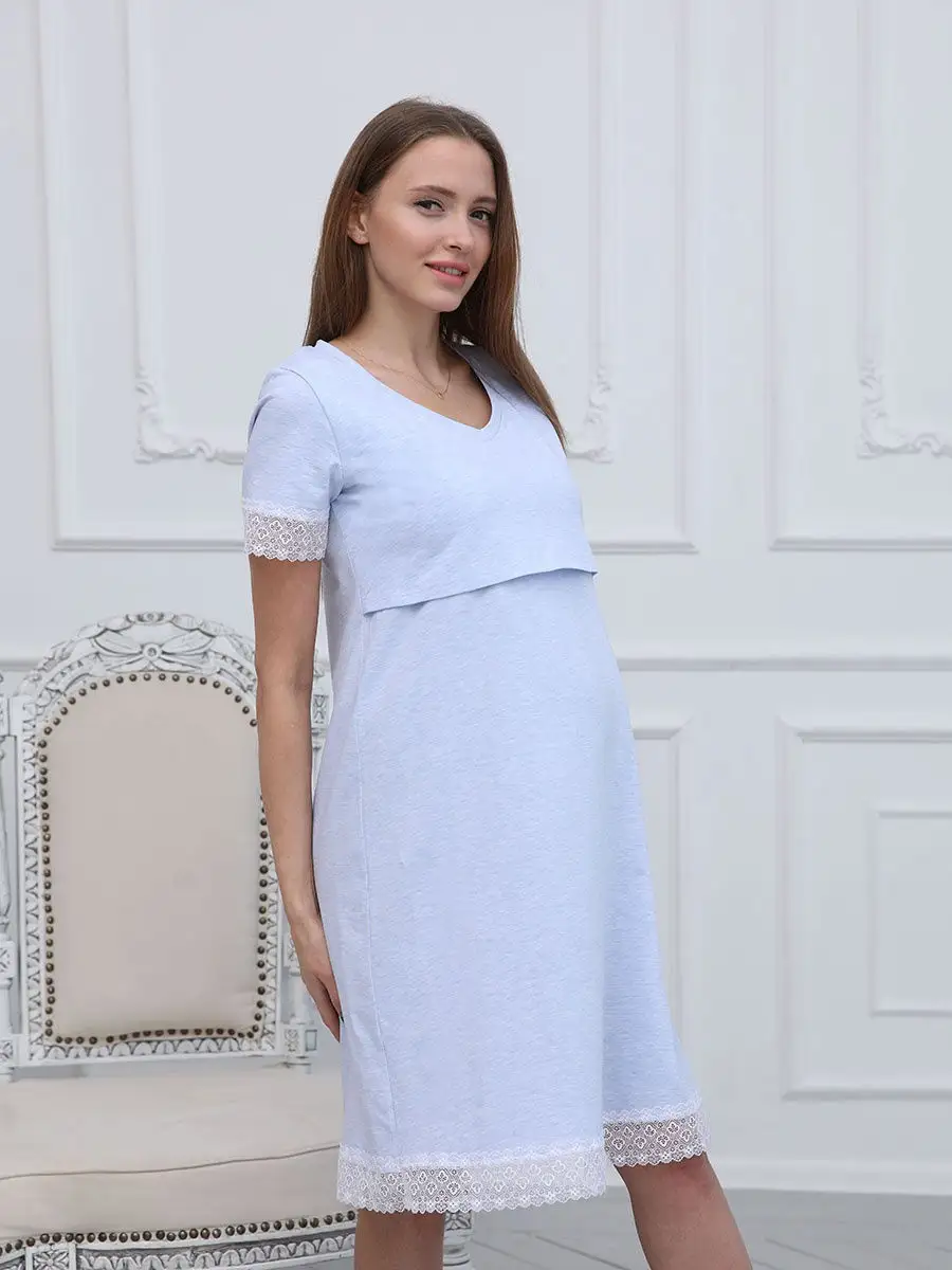 Ночная сорочка для беременных и кормящих голубой/белый