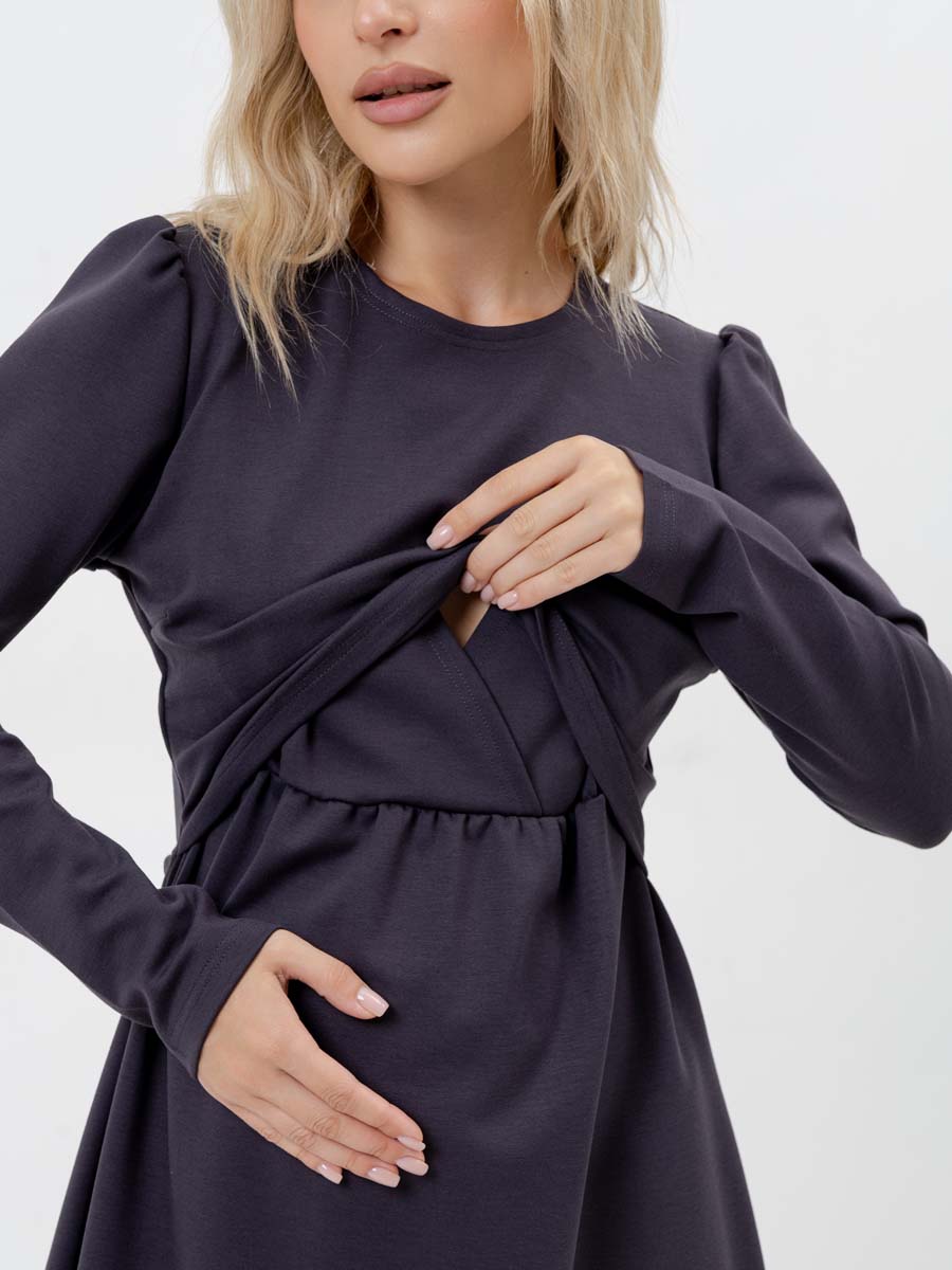 Платье для беременных и кормящих с длинным рукавом в офис антрацитовый