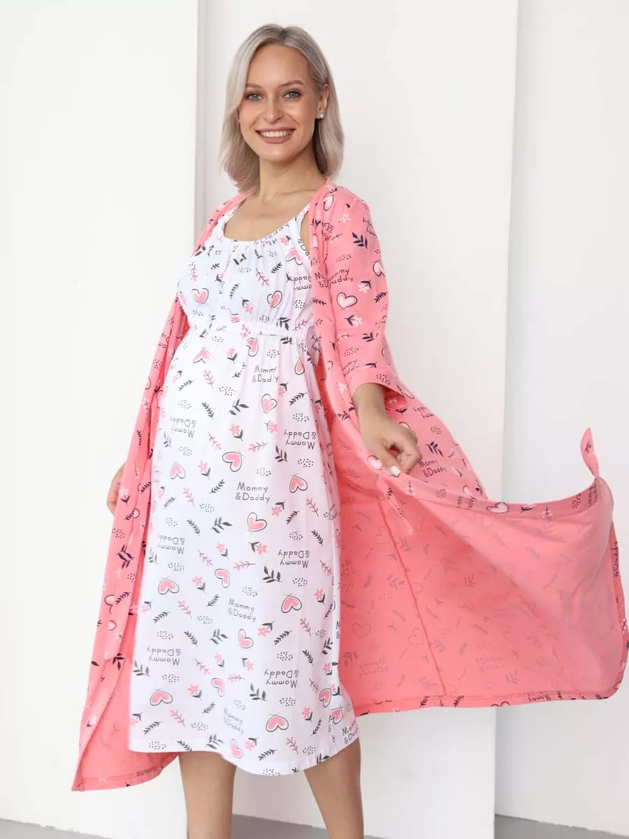 Халат и сорочка для беременных и кормящих в роддом костюм коралловый/белый