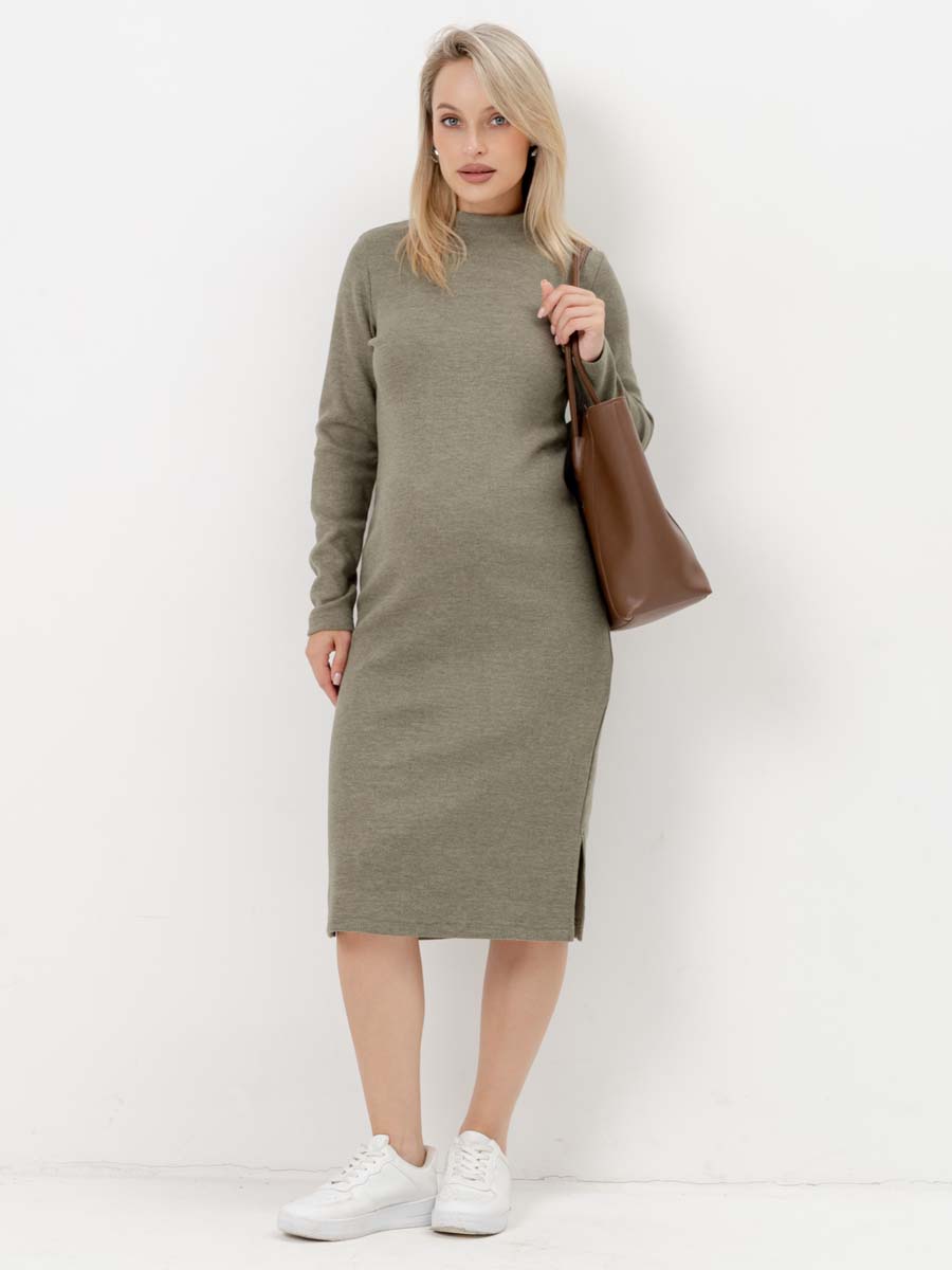 Платье для беременных с длинным рукавом осеннее в офис оливковый