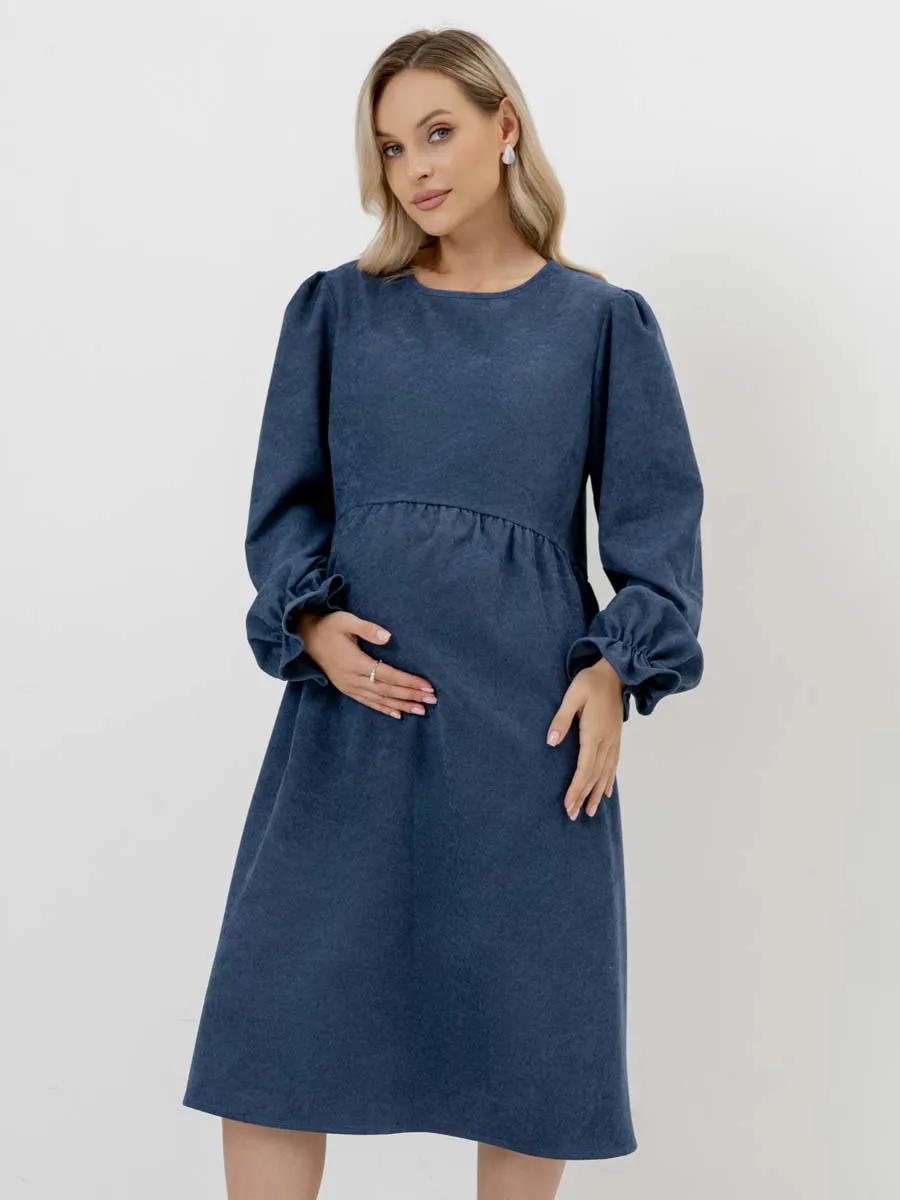 Платье для беременных с длинным рукавом вельветовое в офис сине-серый