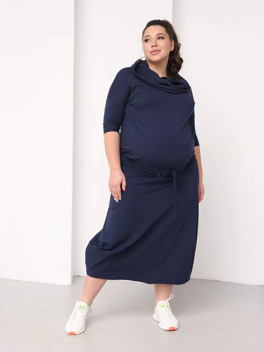 Платье для беременных длинное повседневное в офис plus size синий
