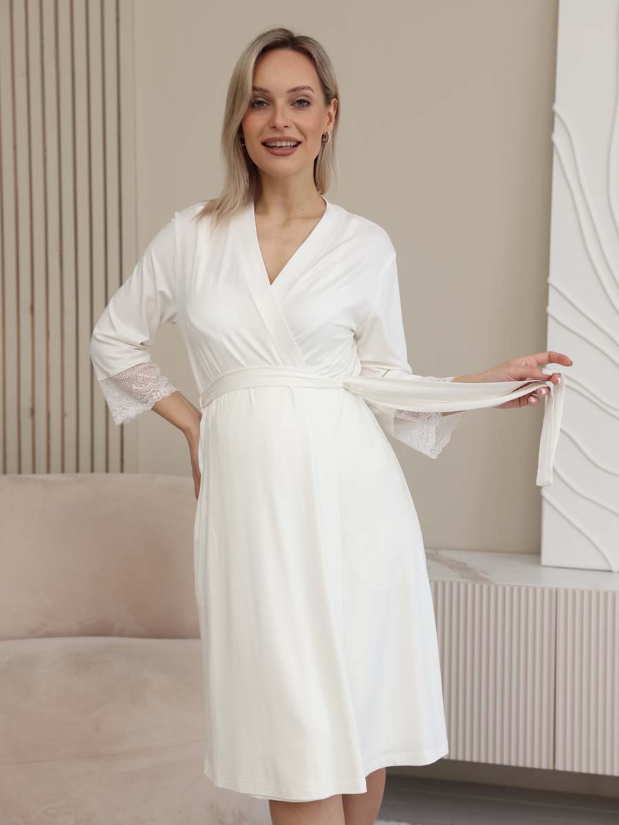Кружевной пеньюар - халат с сорочкой для беременных 15732 молочный