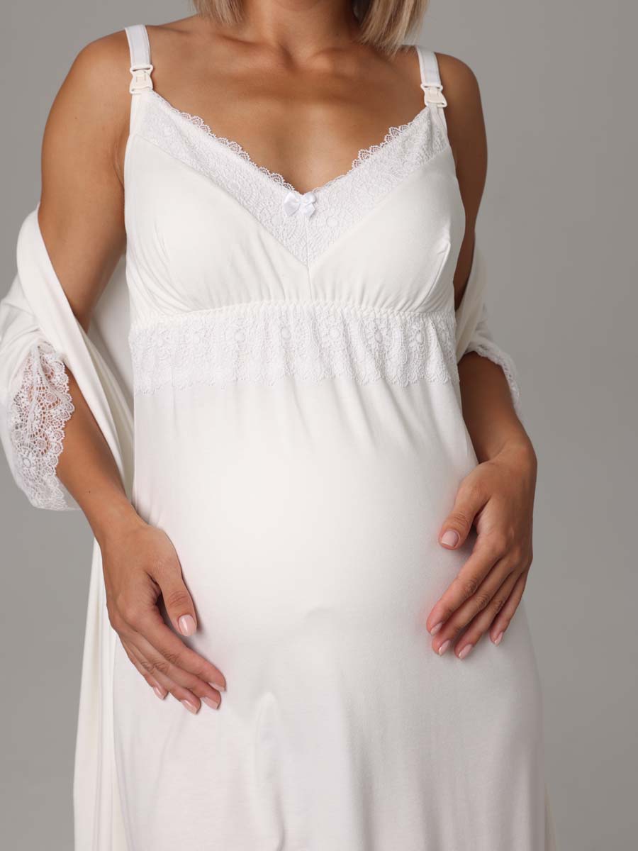 Халат с сорочкой для беременных и кормящих Пеньюар в роддом молочный