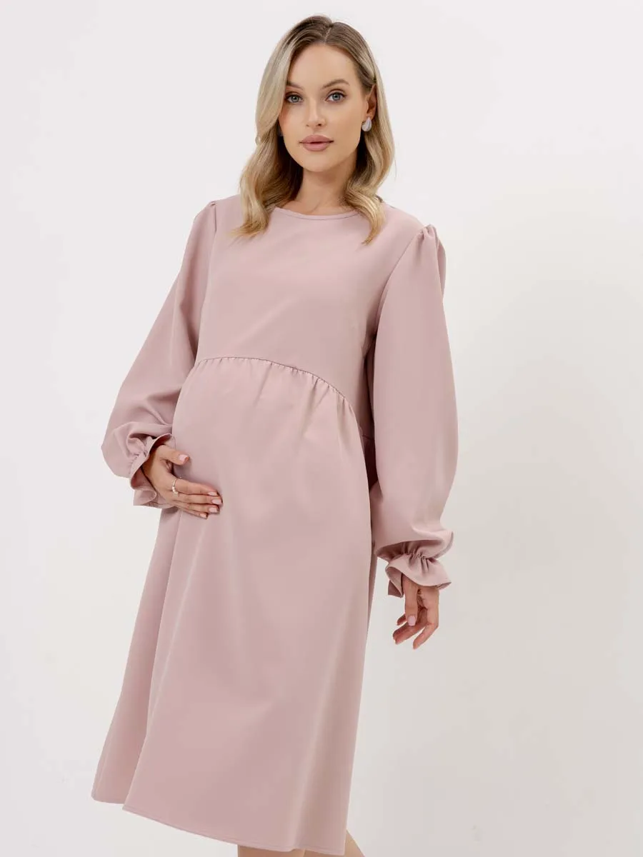 Платье для беременных с длинным рукавом в офис пудровый