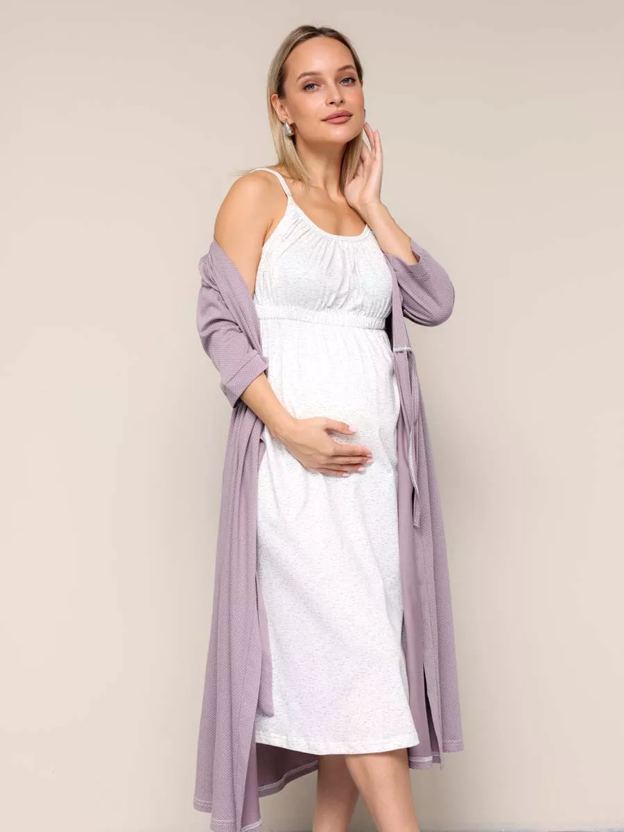 Халат и сорочка для беременных и кормящих в роддом костюм бежевый/молочный