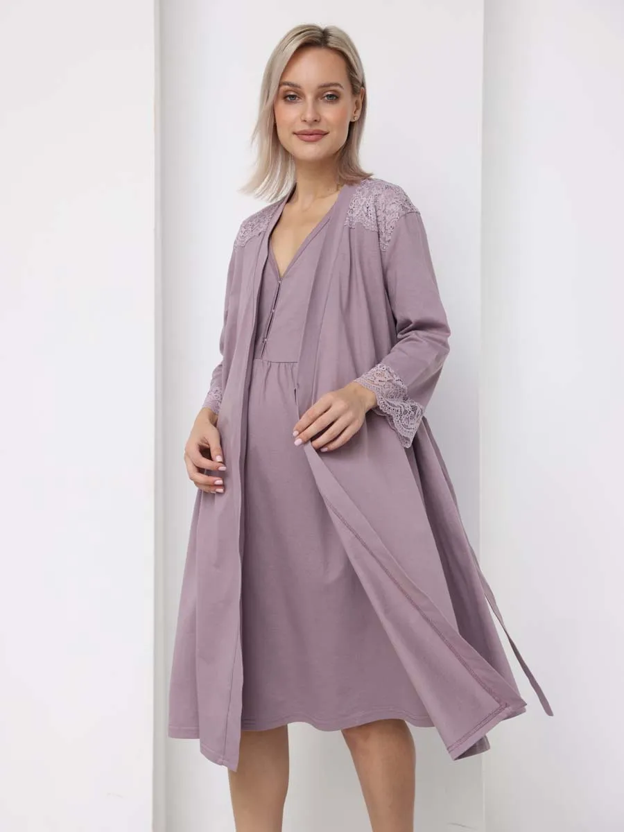 Халат с сорочкой для беременных и кормящих в роддом 21120 кофейный