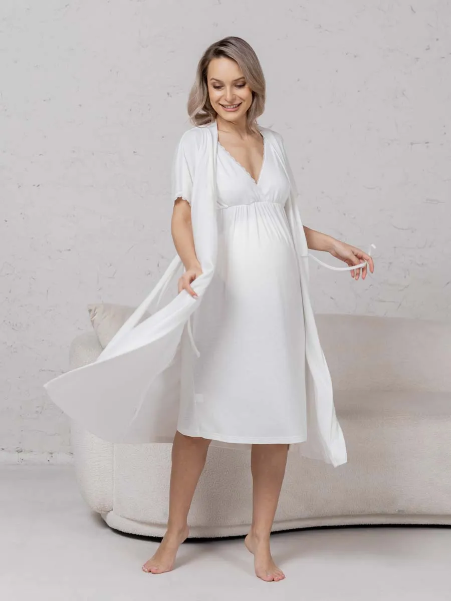 Халат с сорочкой для беременных и кормящих молочный