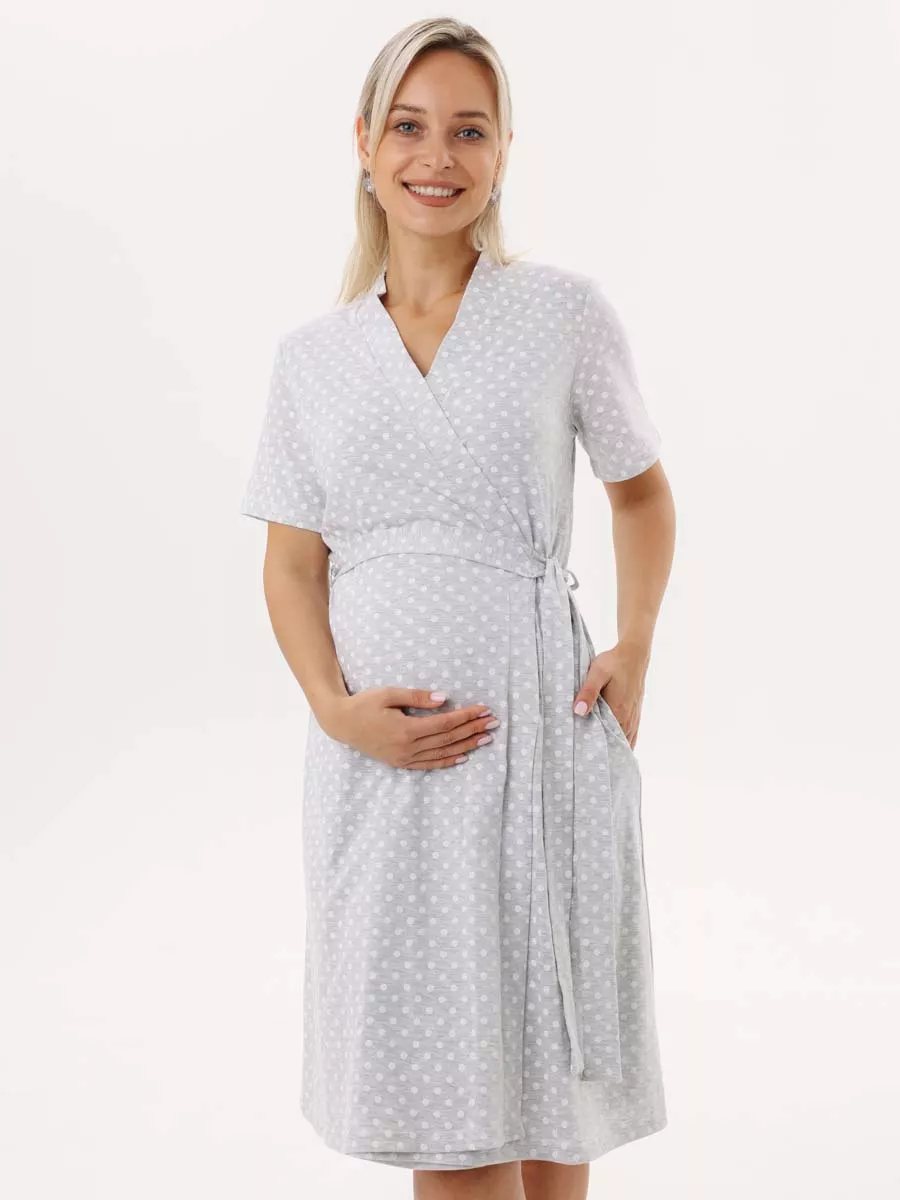 Халат с сорочкой для беременных и кормящих в роддом 55220 серый меланж/белый