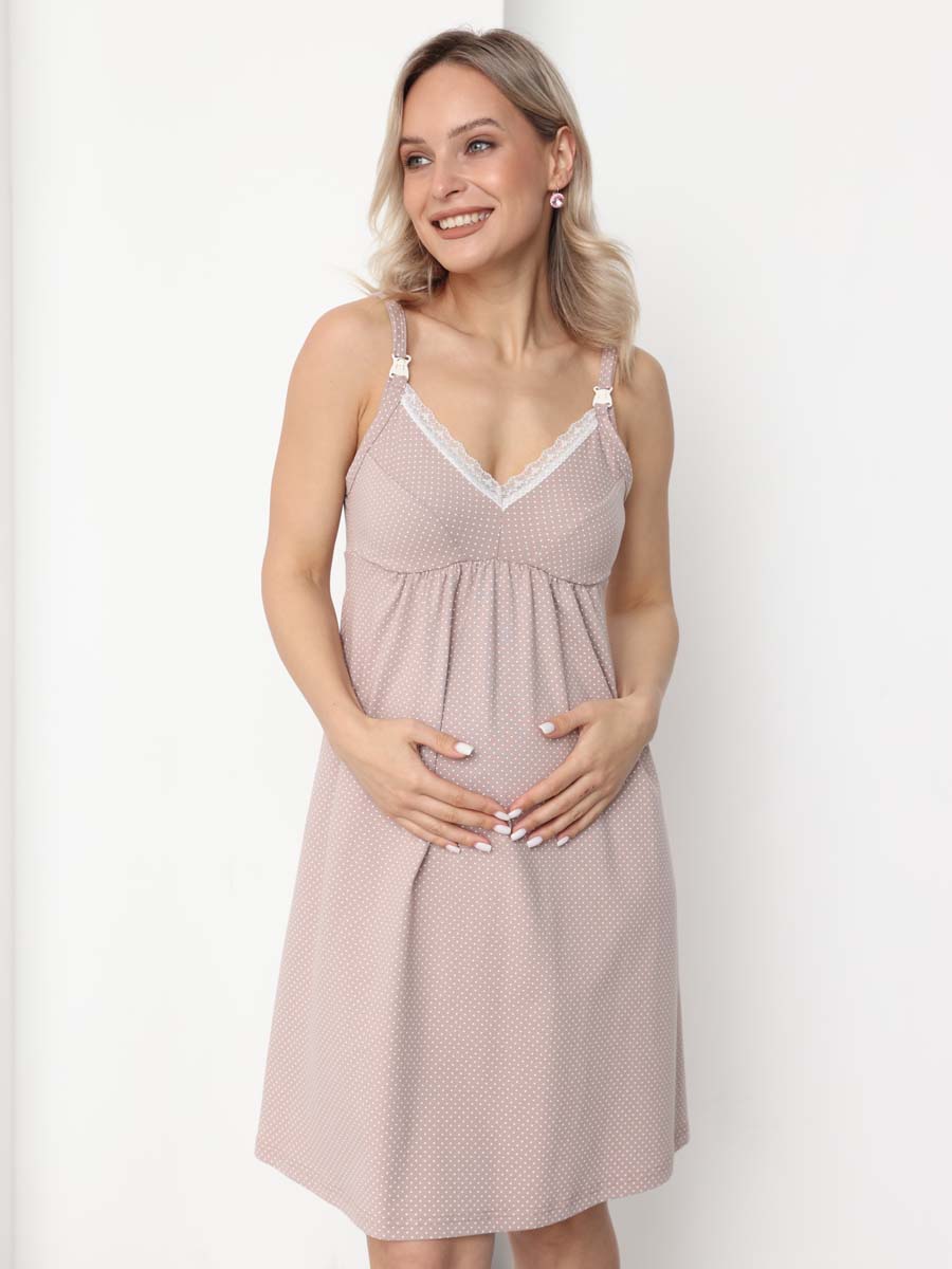 Ночная сорочка в роддом ночнушка для беременных и кормящих бежевый/белый