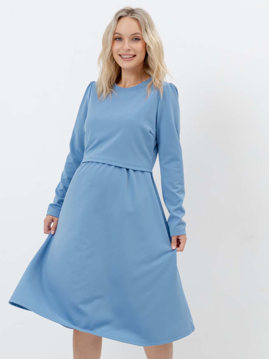 Платье для беременных и кормящих с длинным рукавом в офис голубой