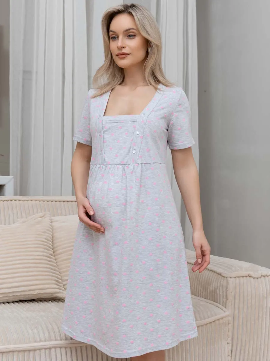 Ночная сорочка для беременных и кормящих в роддом 55701 серый меланж/розовый