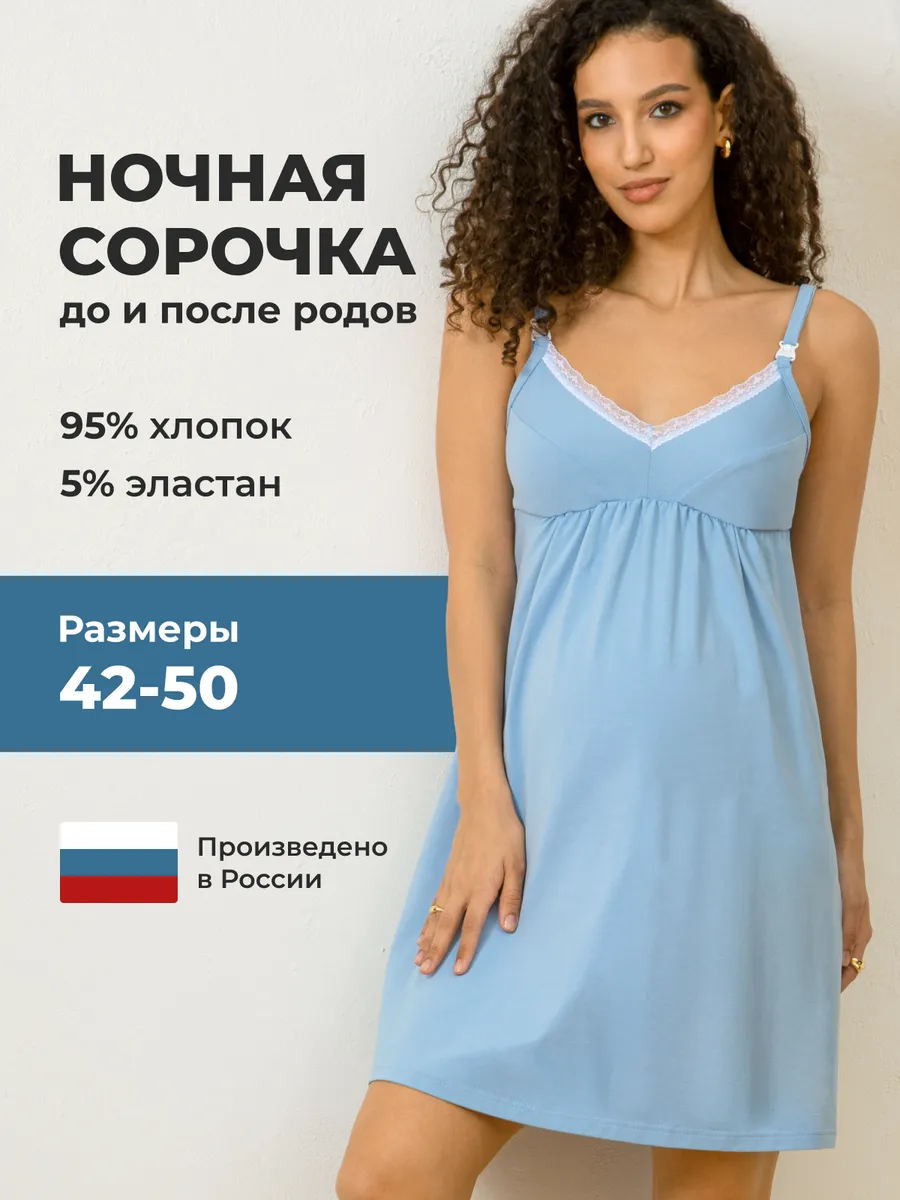 Ночная сорочка в роддом ночнушка для беременных и кормящих голубой/молочный