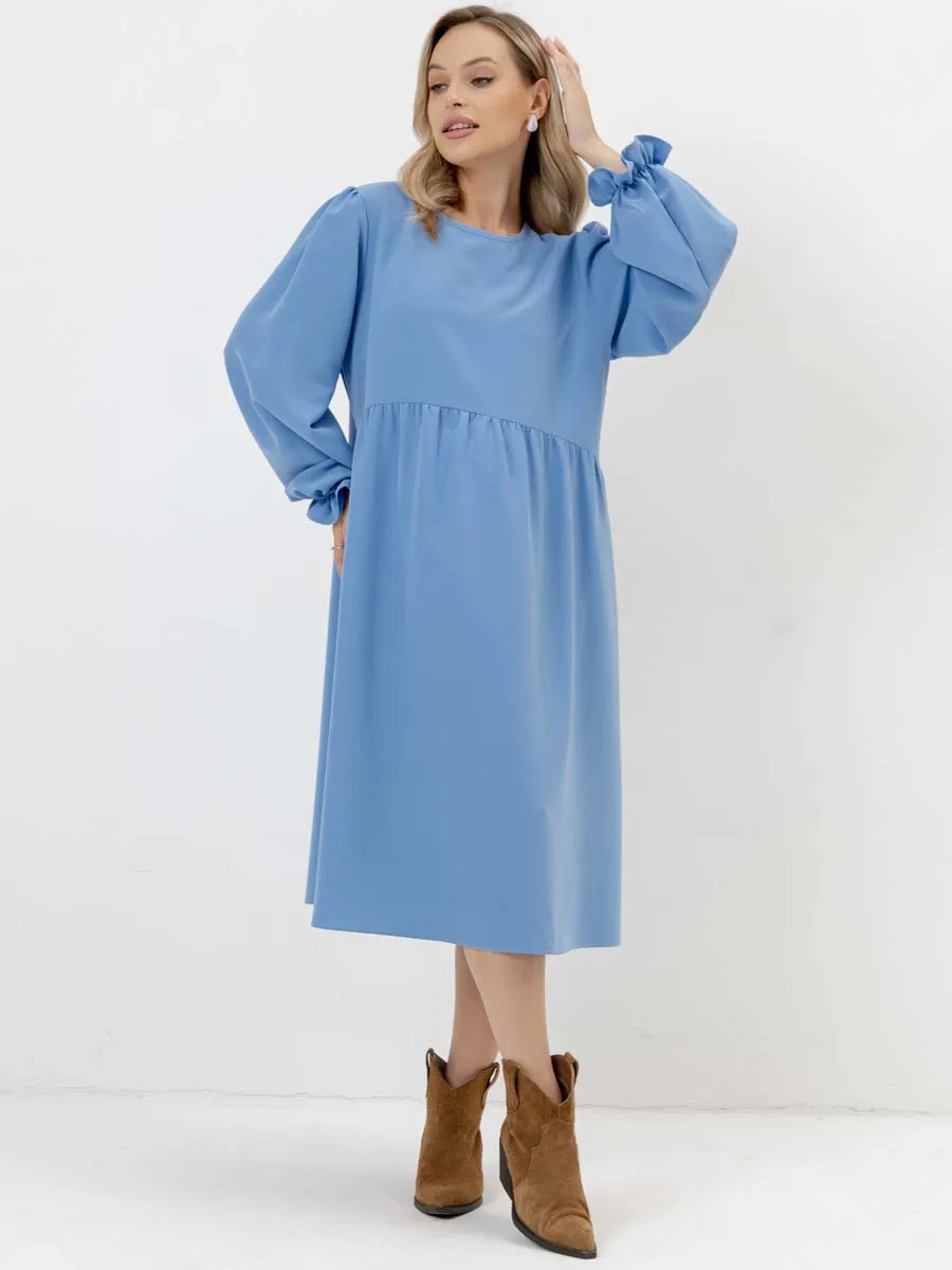 Платье для беременных с длинным рукавом в офис голубой темный