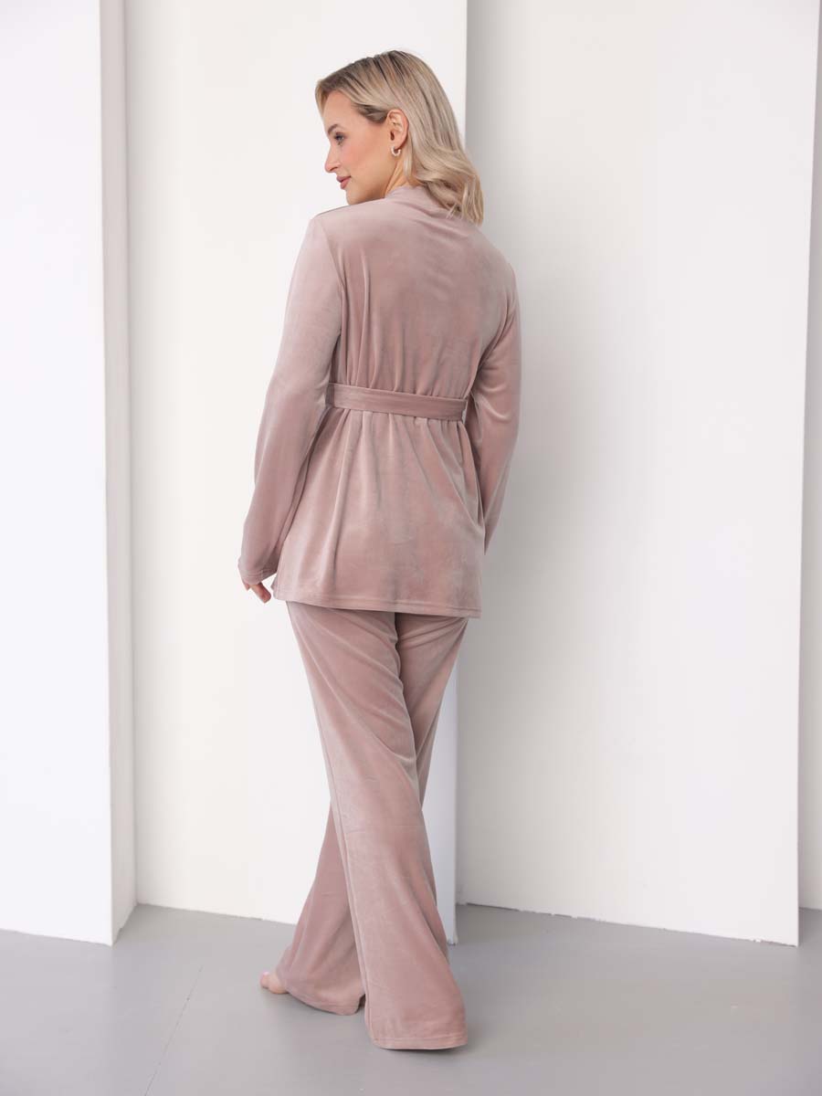 Домашний велюровый костюм с брюками осень зима бежевый/пудровый
