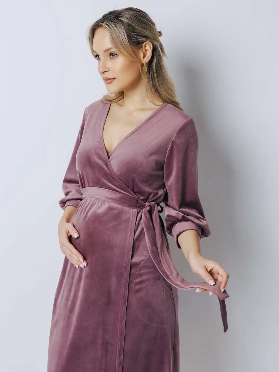 Халат велюровый для беременных и кормящих в роддом 25007 лиловый