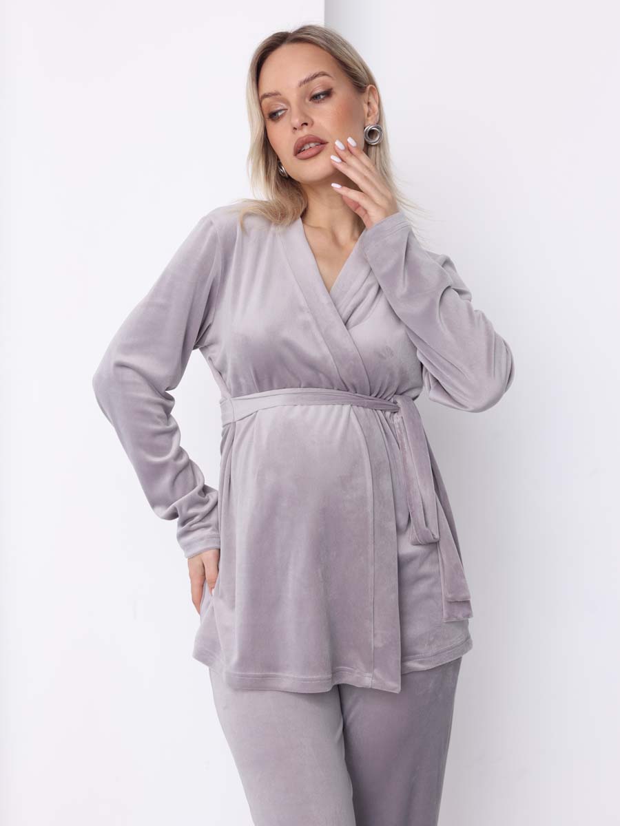 Домашний велюровый костюм с брюками осень зима светло-серый