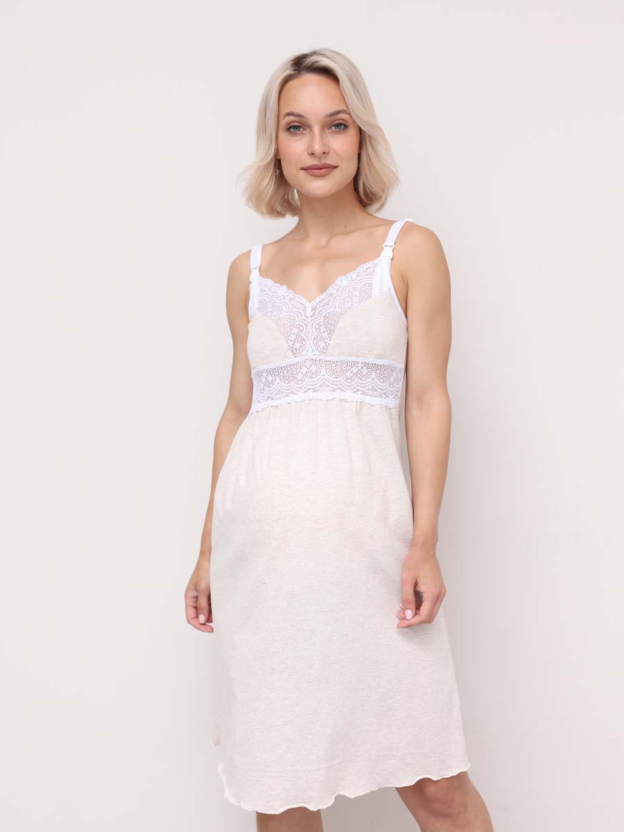 Комплект 16820 для беременных и кормящих халат с сорочкой бежевый_меланж/белый