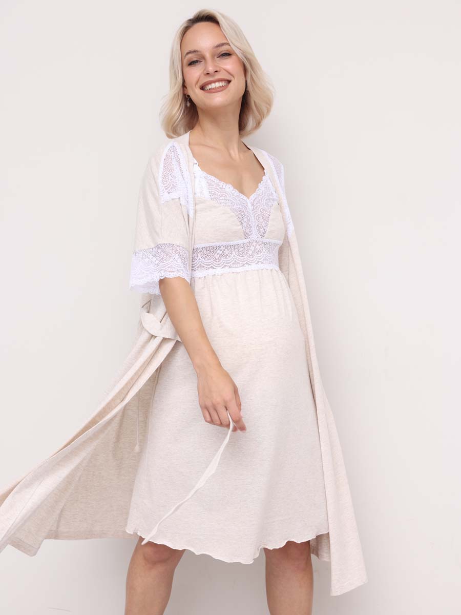 Комплект 16820 для беременных и кормящих халат с сорочкой бежевый_меланж/белый